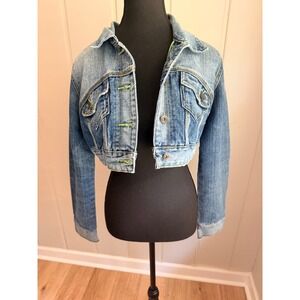 Instant Vintage Women Cropped Denim Jacket Blue Neon Green Stitching Size M